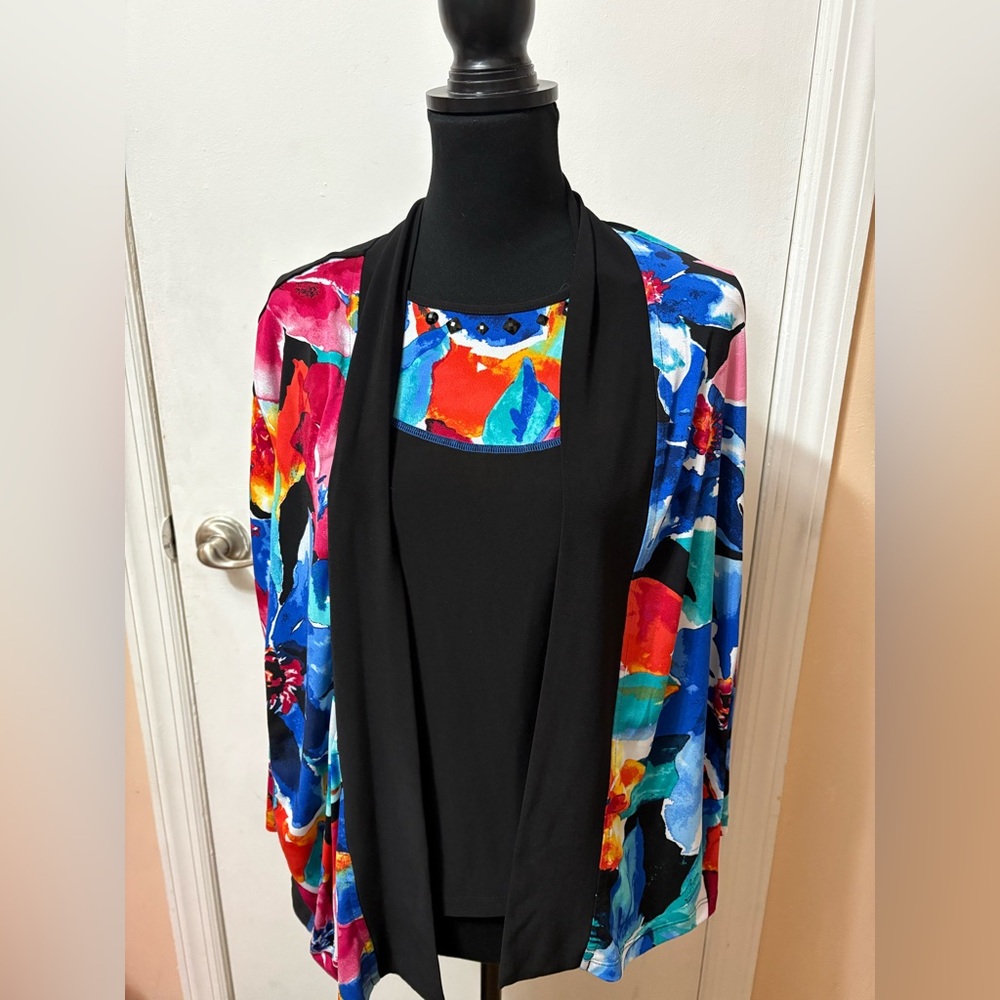 Alfred Dunner Black and Multicolor Cardigan
